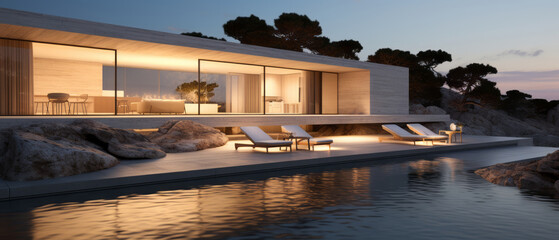 Obraz premium Building Exterior luxury of living room with sea view by generative AI illustration.