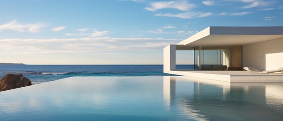 Fototapeta premium Building Exterior luxury of living room with sea view by generative AI illustration.