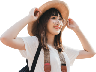 Happy smile young adult asian woman traveler cutout isolated transparent background