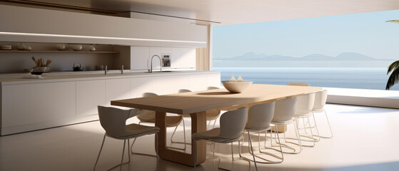 Fototapeta na wymiar Building Exterior luxury of kitchen room with sea view by generative AI illustration.
