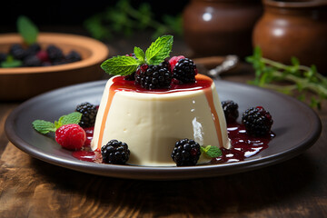 Panna cotta served on a plate with berries  ,an Italian dessert of sweetened cream thickened with gelatin and molded