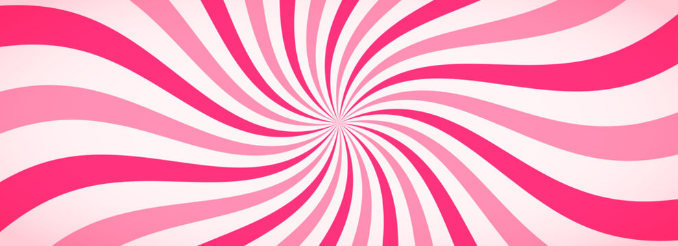 Candy color sunburst wallpaper. Abstract pink cream sunbeams design background. Colorful spinning lines for template, banner, poster, flyer. Sweet rotating cartoon swirl or whirlpool. Vector backdrop