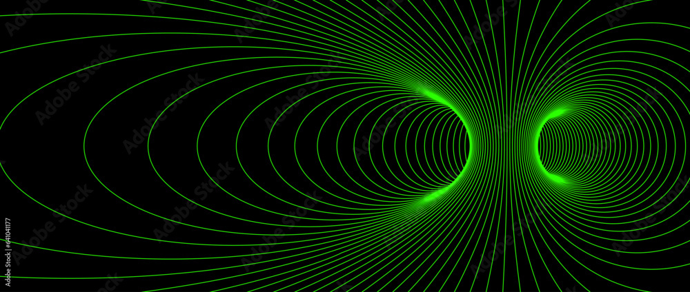 Poster Wormhole wireframe structure. Neon geometric outline grid tunnel backdrop. 3D funnel or vortex texture. Green abstract energy lines on dark background. Vector illustration wallpaper. 