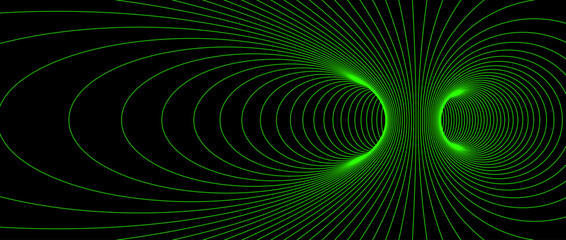 Wormhole wireframe structure. Neon geometric outline grid tunnel backdrop. 3D funnel or vortex texture. Green abstract energy lines on dark background. Vector illustration wallpaper.  - obrazy, fototapety, plakaty