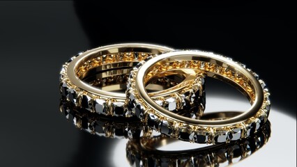 Two gold diamond rings with diamonds surrounding the ring. Ring design on glossy black glass surface with 3D render.