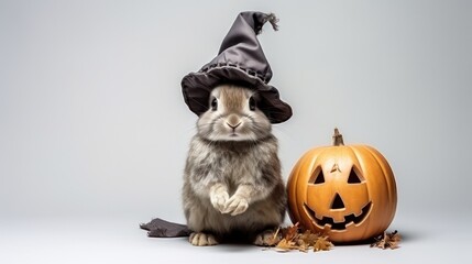 a photograph of cute bunny use witch hat for halloween celebration generative ai