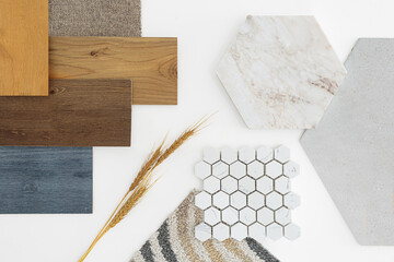 mood board that features various materials including stone, marble, mosaic, wood, and hexagon. The...