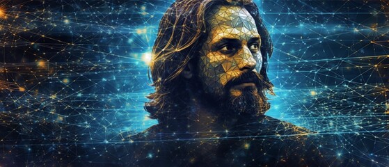 Abstract image of Jesus Christ, blue, futuristic background, Generative ai - obrazy, fototapety, plakaty