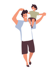 Son sits on dad s shoulder, card for father s day. A man walks with a child. Flat cartoon vector illustration isolated on white background.