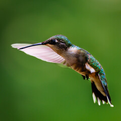 Close up of a Ruby-throated hummingbird (Archilochus colubris) hovering in the air with blurred wings. 

