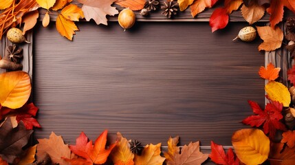 秋の背景、紅葉と木の実の木製フレーム
 - obrazy, fototapety, plakaty