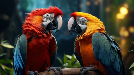 red and yellow macaw parrot, two parrots, love bird