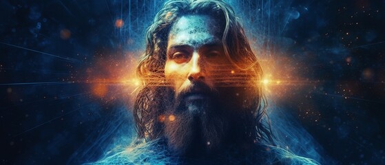 Abstract image of Jesus Christ, blue, futuristic background, Generative ai - Powered by Adobe
