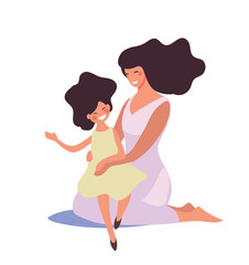 The daughter sits on her mother's lap, a happy family plays. The woman hugs the girl. Flat vector illustration isolated on white background.