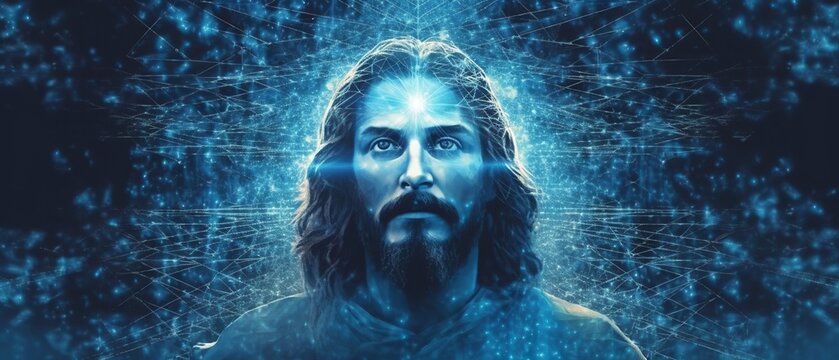 Abstract image of Jesus Christ, blue, futuristic background, Generative ai