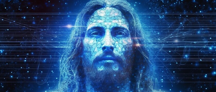 Abstract image of Jesus Christ, blue, futuristic background, Generative ai