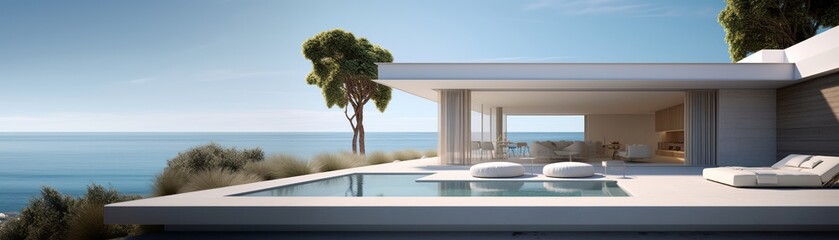 Building Exterior luxury of living room with sea view by generative AI illustration.