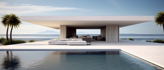 Fototapeta premium Building Exterior luxury of living room with sea view by generative AI illustration.