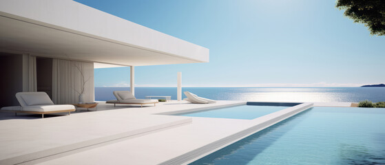 Building Exterior luxury of living room with sea view by generative AI illustration.