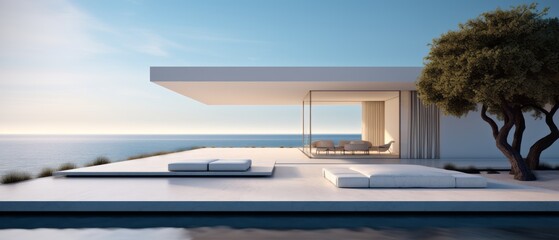 Building Exterior luxury of living room with sea view by generative AI illustration.