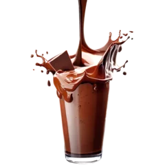 Fotobehang Chocolate shake pouring with splashing in a glass on transparent white background, product imagery © Asfand