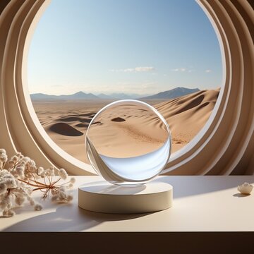3d white glass bottle in sand dune, in the style of minimalist stage designs