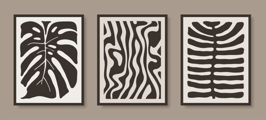 Abstract Floral and Zebra Lines Posters Set. Modern Botanical Prints in Contemporary Minimal Style. Vector Illustration