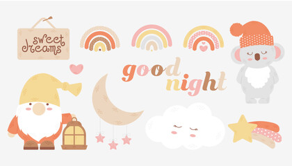 Obraz premium Set Nursery stickers and clipart Sweet Dreams. Design for fabric, print, logo, sign, card and banner. Flat vector illustration.