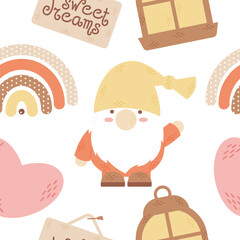 Childish seamless vector pattern with cute Dwaft, heart, rainbow and flashlight. Funny print background perfect for fabric. White background. Vector