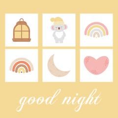 Cute kids character poster. Sweet Dreams and good night. Children's room decoration design. Kids party invitation. Flat vector illustration