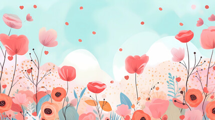 Hand-painted cartoon fresh and beautiful flowers and grass landscape artistic background pattern
