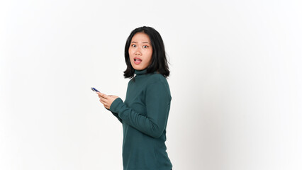 Holding Smartphone Standing side view shocked face Of Beautiful Asian Woman Isolated On White Background