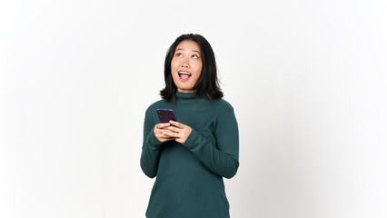 Holding Smartphone looking up happy face Of Beautiful Asian Woman Isolated On White Background