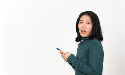 Fototapeta premium Holding Smartphone Standing side view shocked face Of Beautiful Asian Woman Isolated On White Background