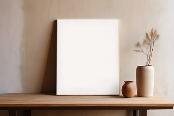 Empty white photo frames mock-up on wood table beige wall with vase minimal interior design 