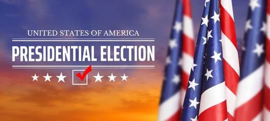 United States presidential election in 2024. USA flag on sunset background. 3d illustration. - obrazy, fototapety, plakaty