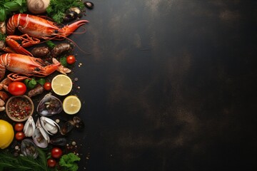 A banner template for sea food restaurant with seafood on the borders and copy space in middle