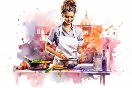 Watercolor painting illustration of a woman chef cooking food in the kitchen