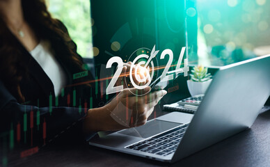 business goals & trends 2024. analytical businesswoman planning business growth 2024, strategy digital marketing, profit income, economy, stock market trends and business, technical analysis strategy