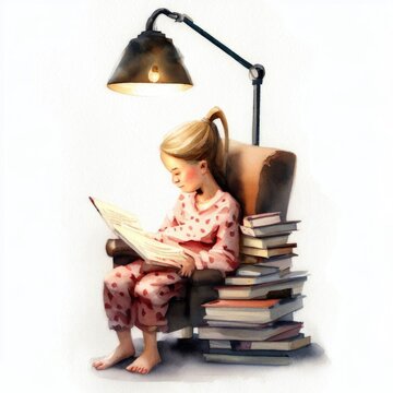 Retro style watercolor illustration of a young girl sitting in a comfortable chair reading a book