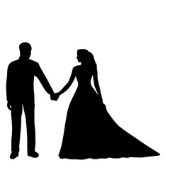 silhouette of married couple and wedding dress