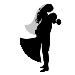 silhouette of married couple and wedding dress