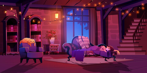 Girl lying on sofa in home living room with mobile phone at night cartoon vector illustration. Vintage livingroom inside with bookshelf in palace, retro stone wall and cat comfortable on armchair.