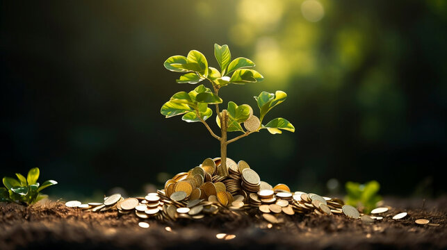 tree growing on pile of golden coins, growth business finance investment and Corporate Social Responsibility or CSR practice and sustainable development concept idea.