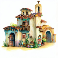 Watercolor illustration of a rural shop in a Mexican village