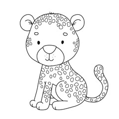 Cute sitting cheetah. Outline illustration for kids. Line safari animal for coloring page.