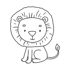 Cute sitting lion. Outline illustration for kids. Line safari animal for coloring page.
