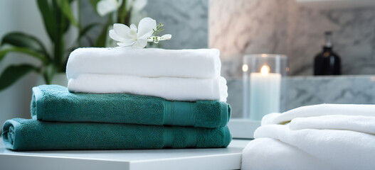 Fototapeta na wymiar Towels and bath elements in a white marble bathroom