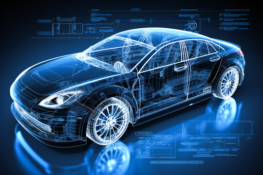 Hologram car with project infographics. Futuristic car designing concept.