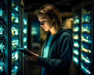 A specialist young woman working in the server room